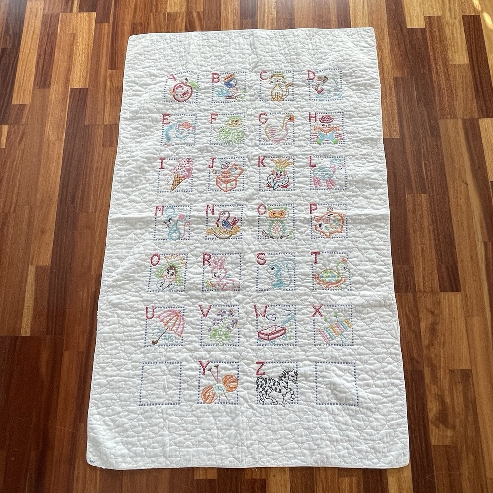Vintage Handmade Embroidered Baby Quilt Cross Stitch Alphabet ABC Crib Blanket